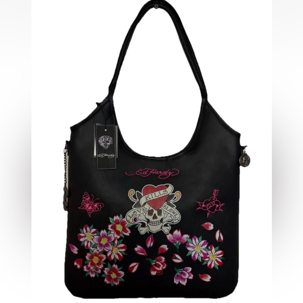 Ed Hardy Love Kills Slowly Flower Butterfly Black Large Tote Shoulder Bag NWT